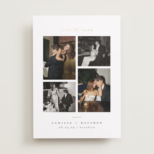 This is a ink foil stamped save the date cards with foil pressed by Kristie Kern called boucle printing on recycled smooth signature in standard