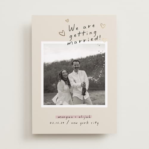 This is a nero foil stamped save the date cards with foil pressed by Pati Cascino called surprise! printing on recycled smooth signature in standard