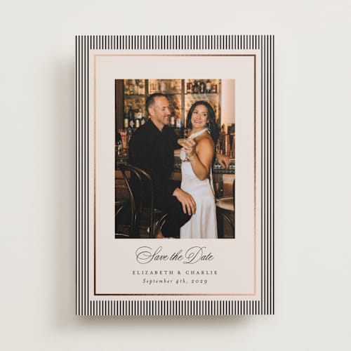 This is a linen foil stamped save the date cards with foil pressed by Kelly Schmidt called striped elegance printing on recycled smooth signature in standard