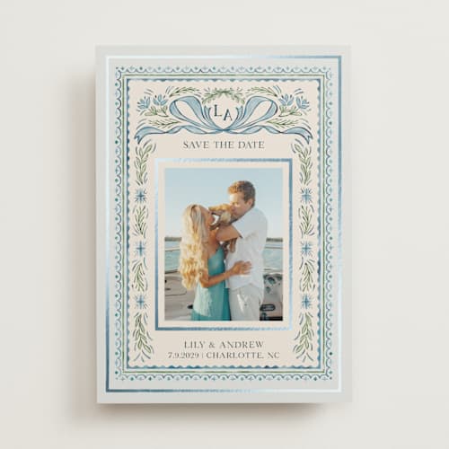 This is a blue jay foil stamped save the date cards with foil pressed by Paper Sun Studio called gift printing on recycled smooth signature in standard