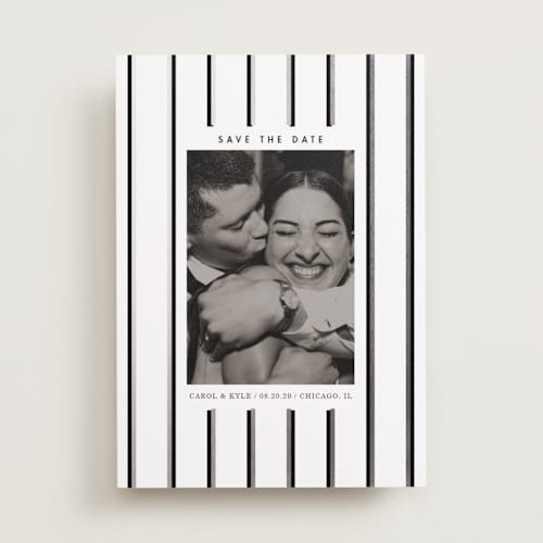 This is a snow foil stamped save the date cards with foil pressed by Baumbirdy called stripes printing on recycled smooth signature in standard