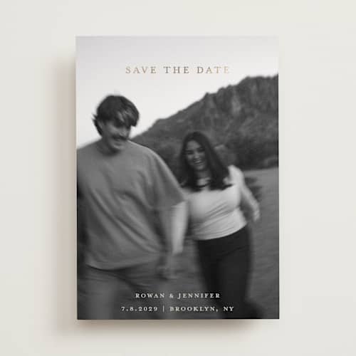 This is a buttercream foil stamped save the date cards with foil pressed by Carolyn Hunt called golden printing on recycled smooth signature in standard