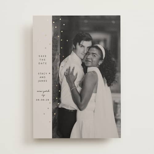 This is a ecru foil stamped save the date cards with foil pressed by Dana Duricekova called minimal sparkle printing on recycled smooth signature in standard