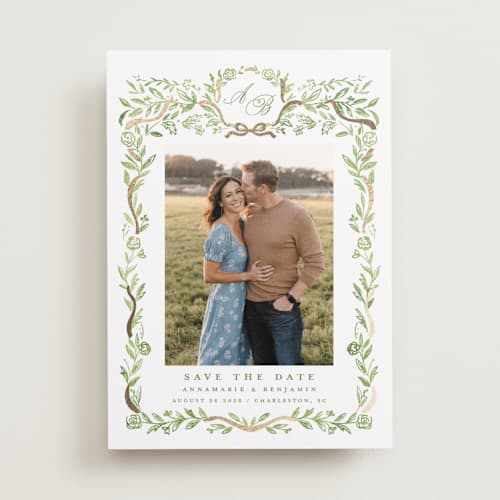 This is a garden foil stamped save the date cards with foil pressed by Petra Kern called paperie printing on recycled smooth signature in standard