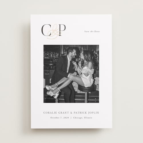 This is a pearl foil stamped save the date cards with foil pressed by Melanie Kosuge called bold monogram printing on recycled smooth signature in standard