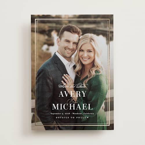 This is a cotton foil stamped save the date cards with foil pressed by Jennifer Postorino called classic frame printing on recycled smooth signature in standard