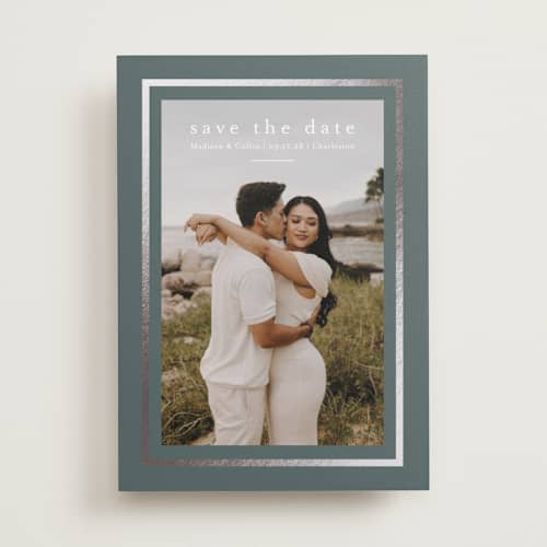 This is a juniper foil stamped save the date cards with foil pressed by Jessica Williams called dulcet printing on recycled smooth signature in standard