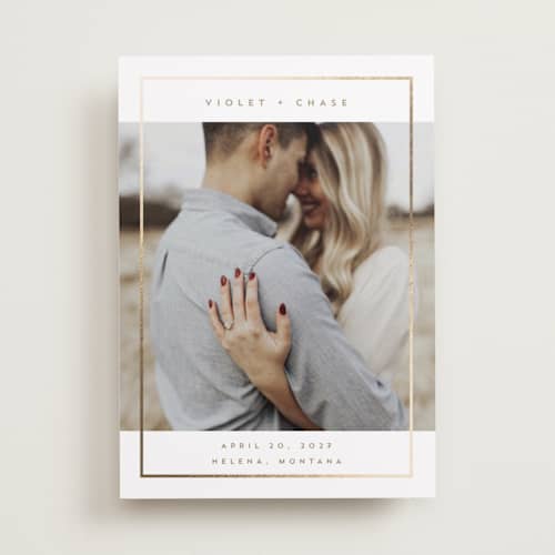 This is a latte foil stamped save the date cards with foil pressed by Rebecca Durflinger called contempo frame printing on recycled smooth signature in standard