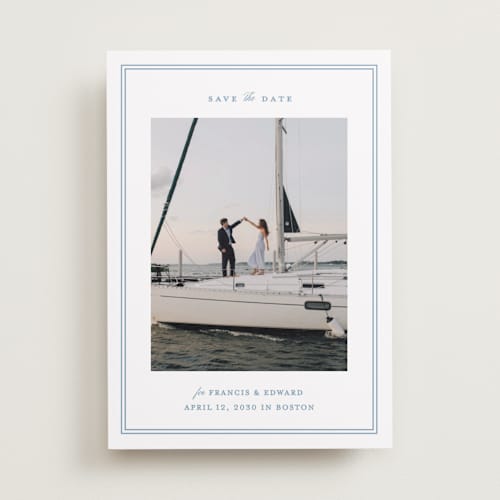 This is a ocean save the date with standard by Carolyn MacLaren called boathouse printing on recycled smooth signature in standard