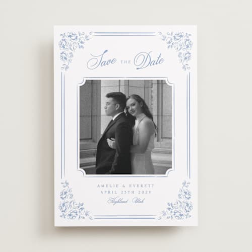 This is a sky save the date with standard by Robert and Stella called constance printing on recycled smooth signature in standard