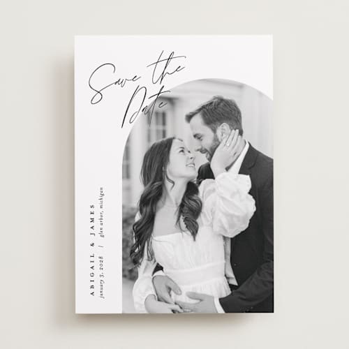 This is a snow save the date with standard by Pixel and Hank called capture printing on recycled smooth signature in standard