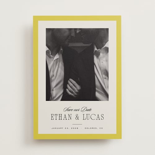 This is a citron save the date with standard by Blustery August called mille-feuille printing on recycled smooth signature in standard