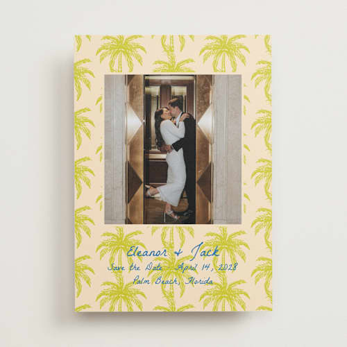 This is a limon save the date with standard by Megan Davis called palm beach printing on recycled smooth signature in standard