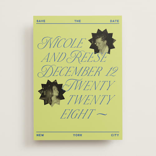 This is a chartreuse save the date with standard by Jennifer Lew called communiqué printing on recycled smooth signature in standard