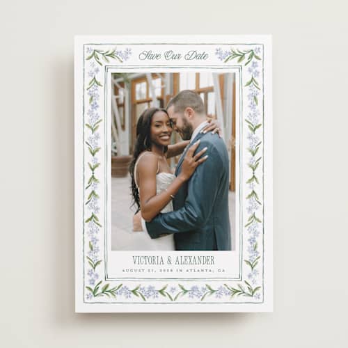 This is a wisteria save the date with standard by Jenna Holcomb called vintage sketched printing on recycled smooth signature in standard