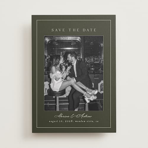 This is a olive save the date with standard by Nicole Walsh called refined printing on recycled smooth signature in standard