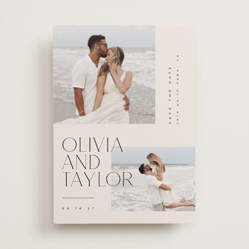 This is a linen save the date with standard by Kelly Schmidt called overlapping printing on recycled smooth signature in standard