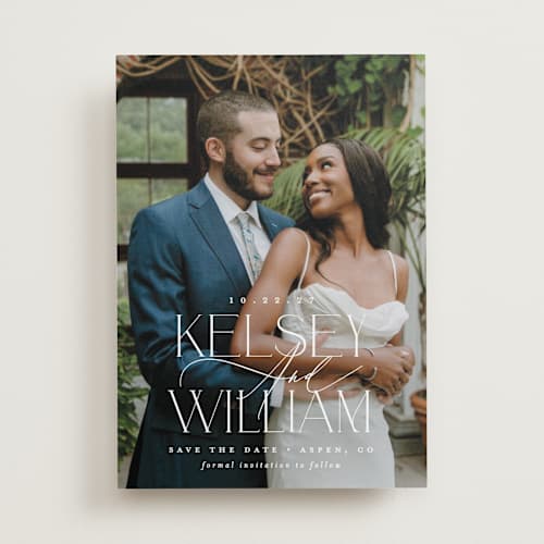 This is a pearl save the date with standard by Brooke Chandler called l'amour printing on recycled smooth signature in standard