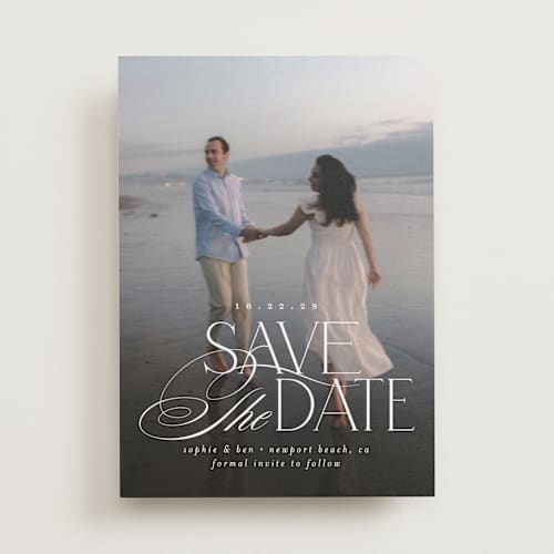 This is a pearl save the date with standard by Brooke Chandler called novella printing on recycled smooth signature in standard