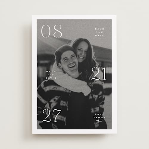 This is a classic save the date with standard by Olivia Kanaley Inman called elements printing on recycled smooth signature in standard