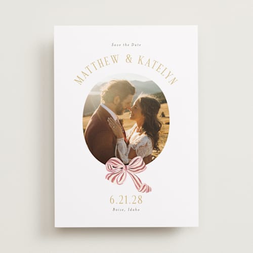 This is a rose save the date with standard by Itsy Belle Studio called ruban en fleur printing on recycled smooth signature in standard