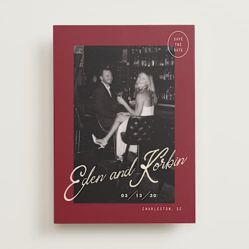 This is a campari save the date with standard by Susan Zinader called cocktail hour printing on recycled smooth signature in standard