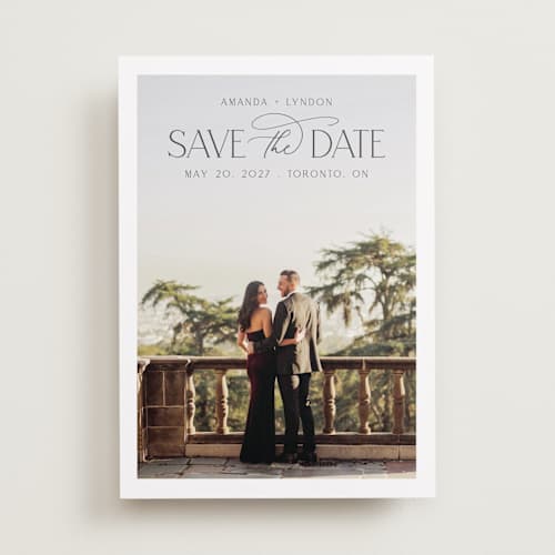 This is a cloud save the date with standard by Nicole Walsh called flourish printing on recycled smooth signature in standard