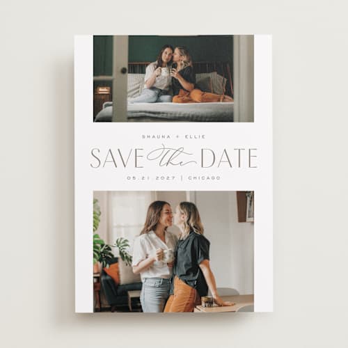 This is a sandstone save the date with standard by Pixel and Hank called duet printing on recycled smooth signature in standard