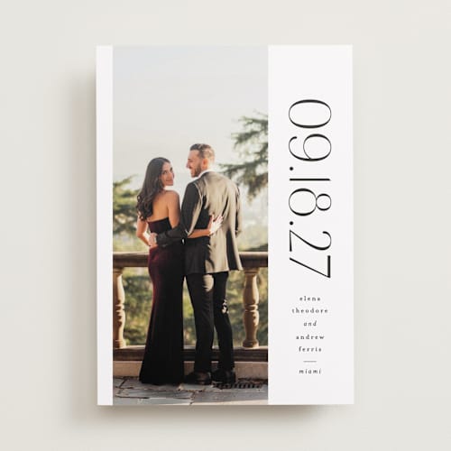 This is a tux save the date with standard by Lea Delaveris called heights printing on recycled smooth signature in standard