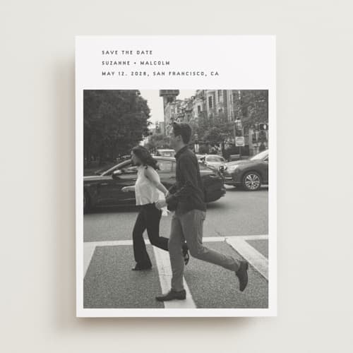 This is a fog save the date with standard by Sumak Studio called simple printing on recycled smooth signature in standard