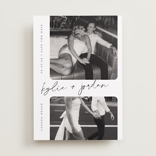 This is a snow save the date with standard by Sarah Curry called signature snapshots printing on recycled smooth signature in standard