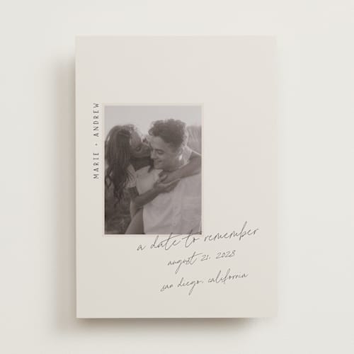 This is a truffle save the date with standard by Vera Lim called offset printing on recycled smooth signature in standard