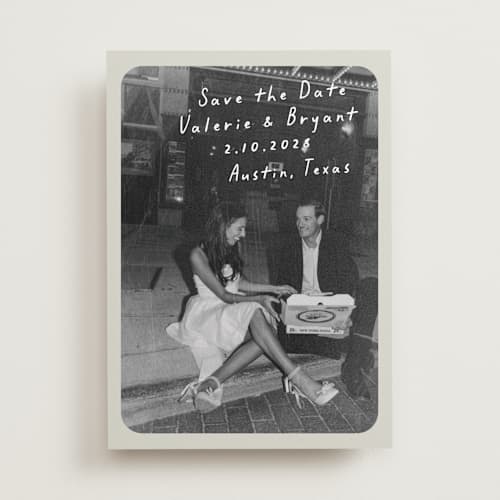 This is a toasted marshmallow save the date with standard by Anna Elder called film printing on recycled smooth signature in standard