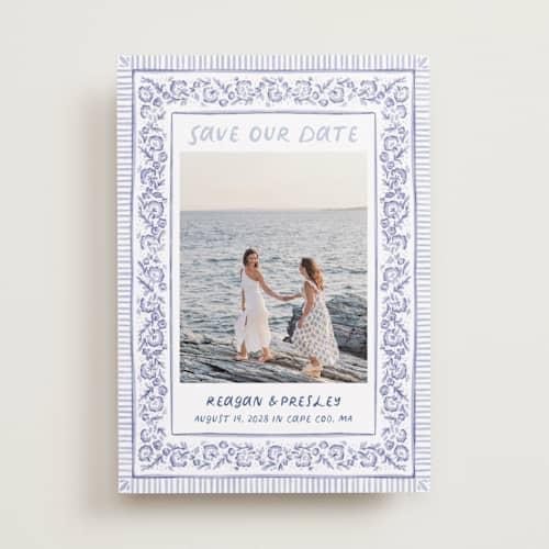 This is a cerulean save the date with standard by Jenna Holcomb called provincial printing on recycled smooth signature in standard