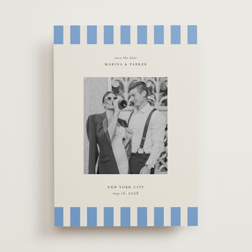 This is a sky save the date with standard by Jackie Crawford called modern border printing on recycled smooth signature in standard