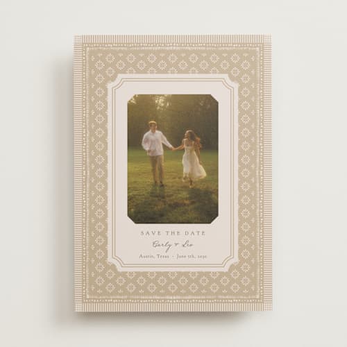 This is a caramel save the date with standard by Erin L. Wilson called prairie printing on recycled smooth signature in standard