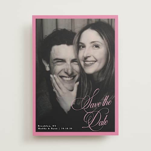 This is a peony save the date with standard by Morgan Kendall called bubblegum printing on recycled smooth signature in standard