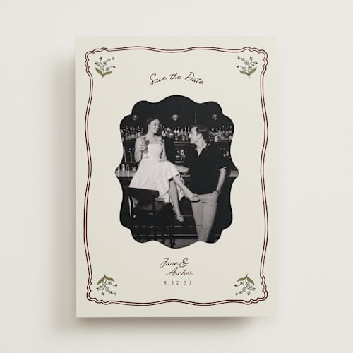 This is a wine save the date with standard by Olivia Brinks called married + matted photo printing on recycled smooth signature in standard