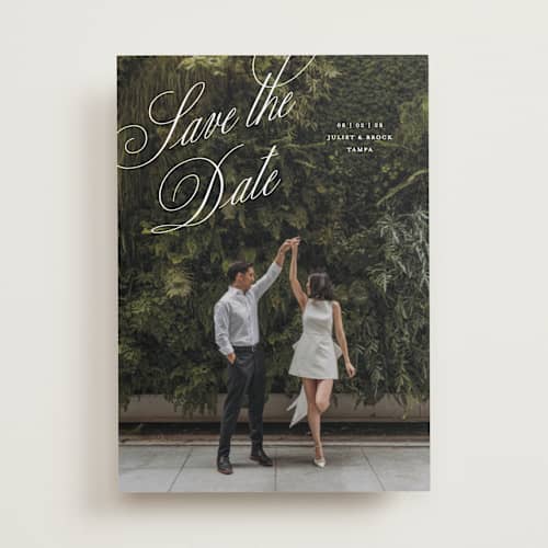 This is a pearl save the date with standard by Pixel and Hank called enamored printing on recycled smooth signature in standard