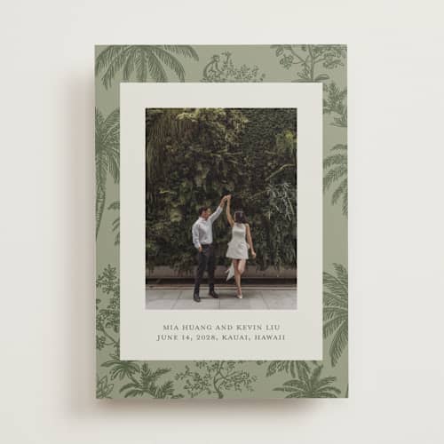 This is a jungle save the date with standard by Jenna Holcomb called tropicale printing on recycled smooth signature in standard