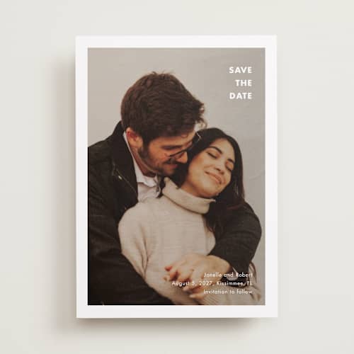 This is a cotton save the date with standard by Stacey Meacham called minimalist border printing on recycled smooth signature in standard