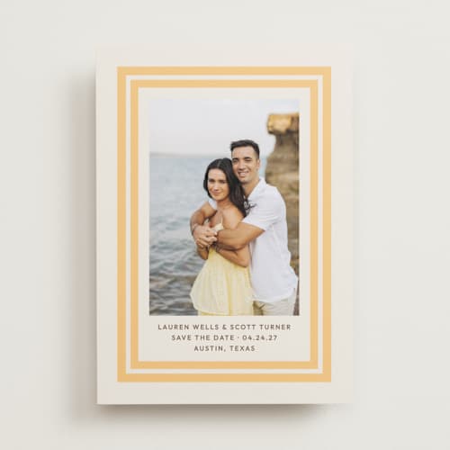 This is a sunflower save the date with standard by Megan Davis called negroni printing on recycled smooth signature in standard