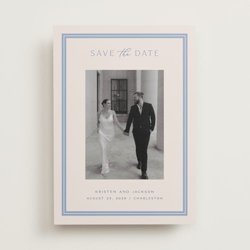 This is a periwinkle save the date with standard by Hooray Creative called twin border printing on recycled smooth signature in standard