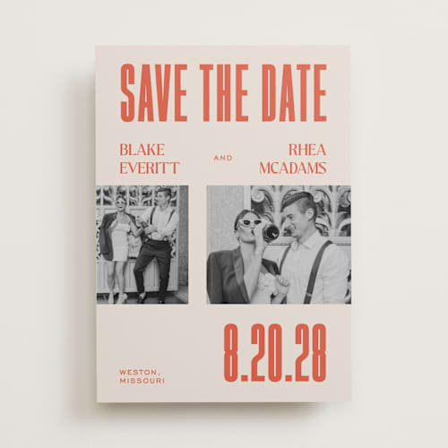 This is a sunset save the date with standard by Rachel Cassel called poster printing on recycled smooth signature in standard