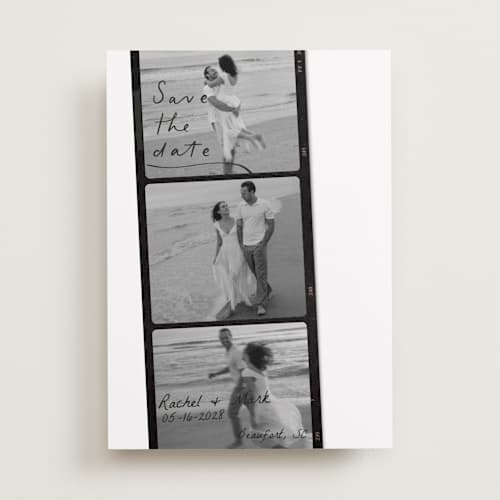 This is a onyx save the date with standard by Sarah Mraz called filmstrip printing on recycled smooth signature in standard