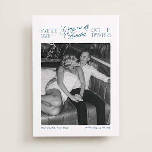 This is a lake save the date with standard by Robert and Stella called opening titles printing on recycled smooth signature in standard