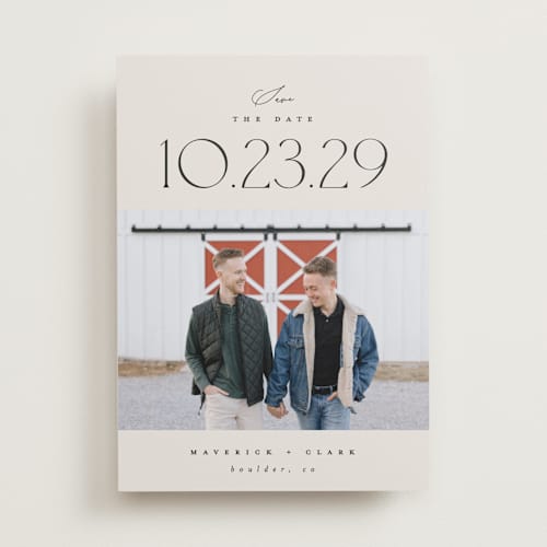 This is a ivory save the date with standard by Carolyn Nicks called romancing the date printing on recycled smooth signature in standard