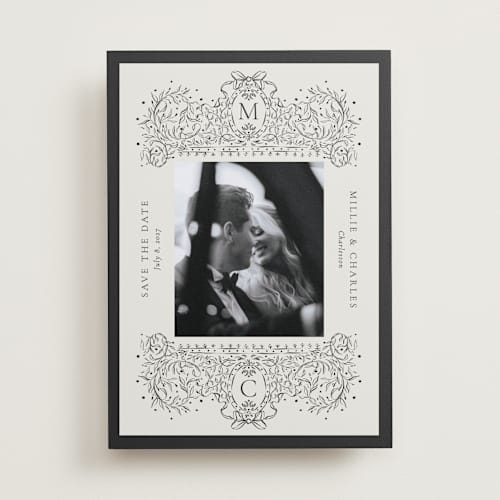 This is a latte save the date with standard by Jackie Crawford called ornate sketched frame printing on recycled smooth signature in standard
