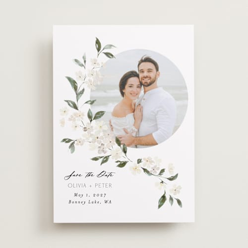 This is a porcelain save the date with standard by Itsy Belle Studio called sweeping vine printing on recycled smooth signature in standard