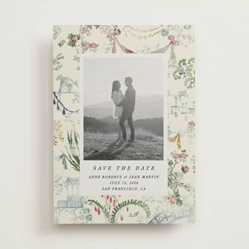 This is a nouvelle save the date with standard by Sumak Studio called chinoiserie printing on recycled smooth signature in standard